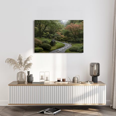 TABLEAU SUR TOILE – JARDIN JAPONAIS AVEC ALLÉE DE PIERRE - TABLEAUX ARBRES ET FEUILLES - TABLEAUX