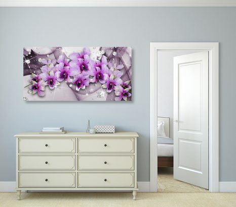 SLIKA VIJOLIČNI CVETOVI NA ABSTRAKTNEM OZADJU - SLIKE ROŽ - SLIKE
