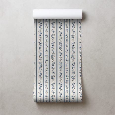 FOTOTAPETE BLAUE BLUMEN AUF STREIFEN - GEMUSTERTE TAPETEN - TAPETEN