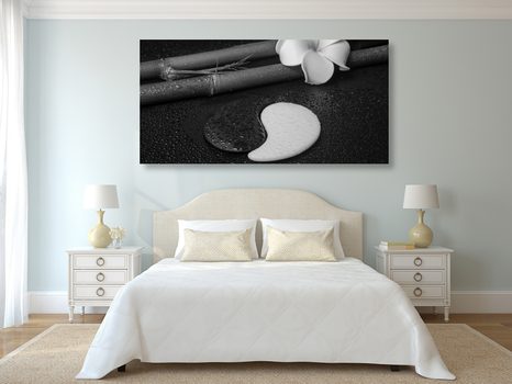 OBRAZ SPA ZÁTIŠÍ SE SYMBOLEM JIN A JANG V ČERNOBÍLÉM PROVEDENÍ - ČERNOBÍLÉ OBRAZY - OBRAZY