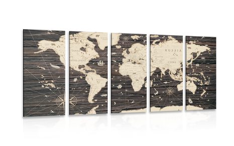 5-PIECE CANVAS PRINT MAP ON A WOODEN BACKGROUND - PICTURES OF MAPS - PICTURES