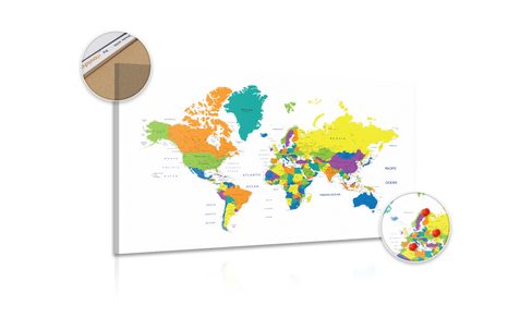 WANDBILD AUF KORK BUNTE WELTKARTE AUF WEISSEM HINTERGRUND - WANDBILDER AUF KORK - BILDER