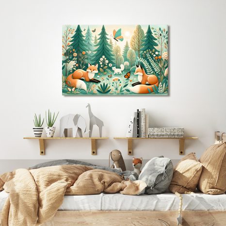 WANDBILD WALDSTILLE MIT FÜCHSEN - KINDERBILDER TIERE - BILDER