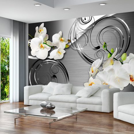 SELF ADHESIVE WALLPAPER ORCHID ON A SILVER BACKGROUND