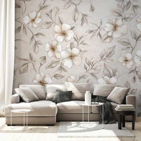 TAPET FLORI ȘI FRUNZE BEJ DELICATE - TAPET FLORI - TAPETURI