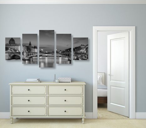5-TEILIGES WANDBILD ATEMBERAUBENDES PANORAMA VON PARIS IN SCHWARZ-WEISS - SCHWARZ-WEISSE BILDER - BILDER