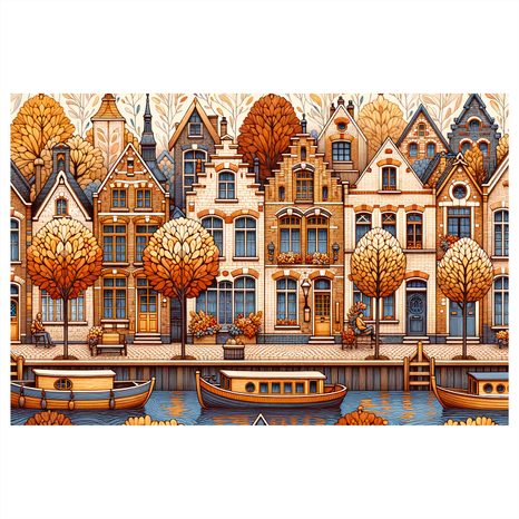 WANDBILD HERBSTLICHE GASSE MIT BOOTEN AM KANAL - BILDER VON STÄDTEN - BILDER