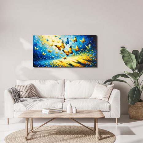 QUADRO SU TELA – CREPUSCOLO BLU E GIALLO DI FARFALLE - QADRI DI FARFALLE - STAMPE E QUADRI