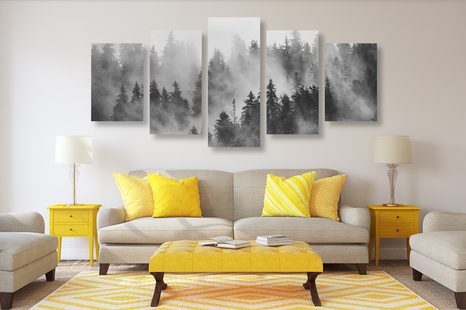 5-DÍLNÝ OBRAZ HORY V MLZE V ČERNOBÍLÉM PROVEDENÍ - ČERNOBÍLÉ OBRAZY - OBRAZY