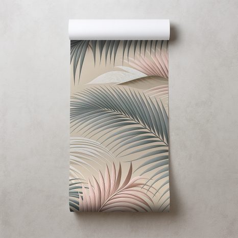TAPETA PASTELOVÉ PALMOVÉ LISTY NA BÉŽOVÉ - TAPETY LISTY - TAPETY