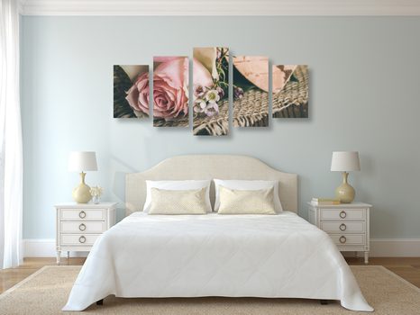 5-DÍLNÝ OBRAZ RŮŽE V JUTĚ - VINTAGE A RETRO OBRAZY - OBRAZY