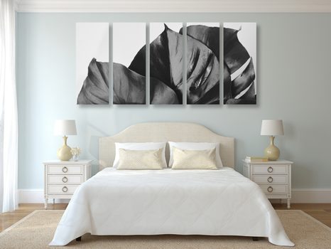 5-RÉSZES KÉP KÖNNYEZŐPÁLMA LEVELE FEKETE FEHÉRBEN - FEKETE-FEHÉR KÉPEK - KÉPEK