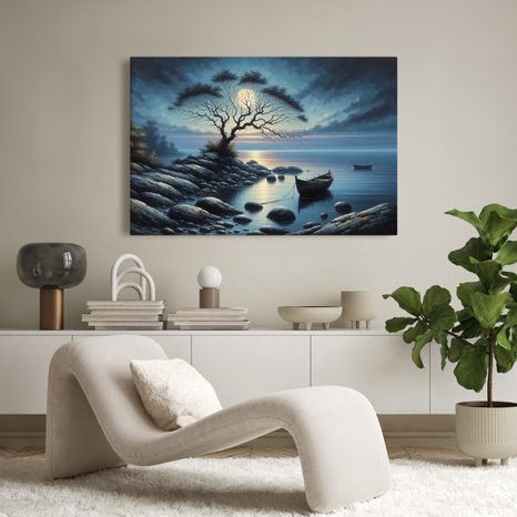 OBRAZ LOĎKY ZA MĚSÍČNÍHO SVITU - OBRAZY JEZERA - OBRAZY