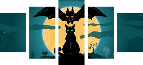 5-DÍLNÝ OBRAZ PŘÁTELSKÁ STRAŠIDLA ZA ÚPLŇKU MĚSÍCE - OBRAZY KOČKY - OBRAZY