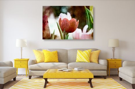 WANDBILD WIESE MIT TULPEN IM RETRO-STIL - BILDER BLUMEN - BILDER