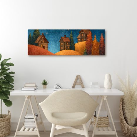OBRAZ HVĚZDNÁ ZIMNÍ KRAJINA - BAREVNÉ DOMY - OBRAZY