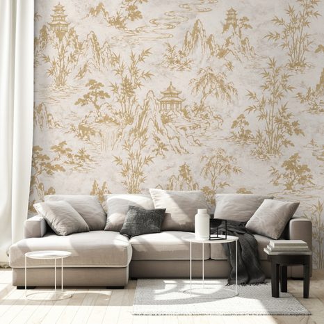 TAPETA BÉŽOVO ZLATÁ ORIENTÁLNÍ KRAJINA S PAGODAMI - TAPETY FENG SHUI - TAPETY