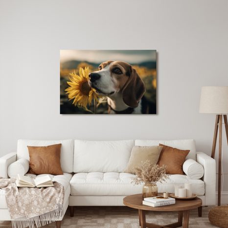 WANDBILD HUND UND SONNENBLUMEN IM FELD - BILDER VON HUNDEN - BILDER