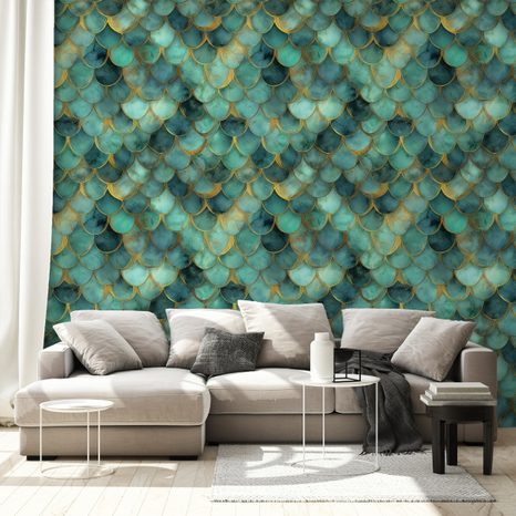 TAPETA ZELENÉ MORSKÉ ŠUPINY SO ZLATÝM NÁDYCHOM - VZOROVANÉ TAPETY - TAPETY