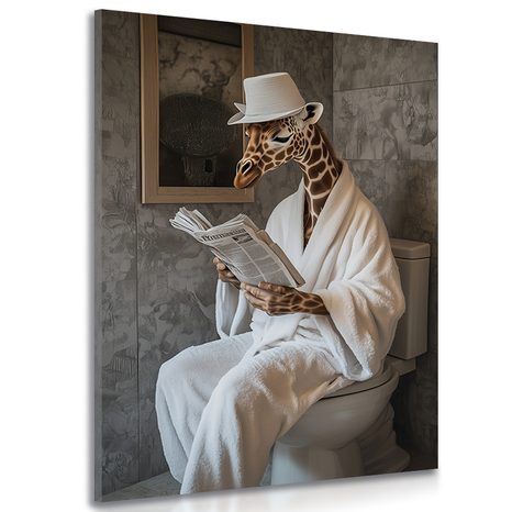 TABLOU GIRAFĂ CU ZIAR PE TOALETĂ - TABLOURI ZEBRE ȘI GIRAFE - TABLOURI