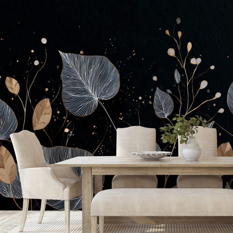 ZELFKLEVEND FOTOBEHANG ELEGANTE GOUDEN EN ZILVEREN BLADEREN - FOTOBEHANG BLADEREN - FOTOBEHANG