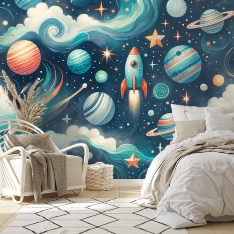 SELBSTKLEBENDE TAPETE BUNTER WELTRAUM MIT RAKETE - KINDERTAPETEN - TAPETEN
