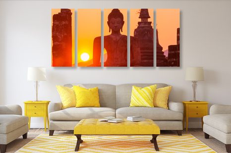 5-DIELNY OBRAZ SOCHA BUDHU UPROSTRED KAMEŇOV - OBRAZY FENG SHUI - OBRAZY