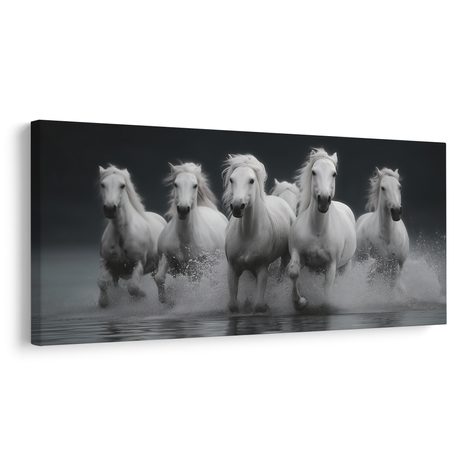 WANDBILD WILDE FAHRT DER WEISSEN PFERDE - BILDER VON PFERDEN - BILDER