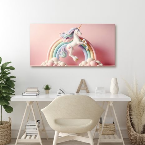 WANDBILD MÄRCHENHAFTES EINHORN AUF PASTELLFARBENEM REGENBOGEN - KINDERBILDER TIERE - BILDER