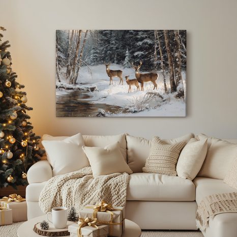 VÁNOČNÍ OBRAZ ZIMNÍ LES S KRÁSNÝMI JELENY - VÁNOČNÍ A ZIMNÍ OBRAZY - OBRAZY