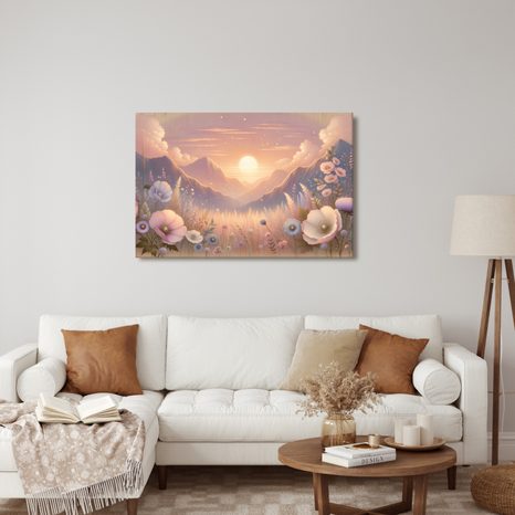 WANDBILD ROMANTISCHER SONNENUNTERGANG MIT WIESE - BILDER VON SONNENAUFGANG UND SONNENUNTERGANG - BILDER