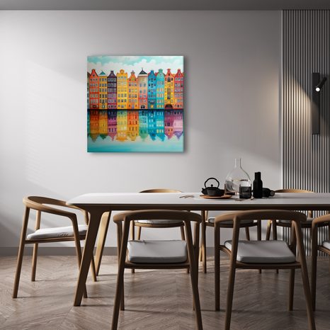 OBRAZ ODRAZ DOMŮ NA VODĚ - BAREVNÉ DOMY - OBRAZY