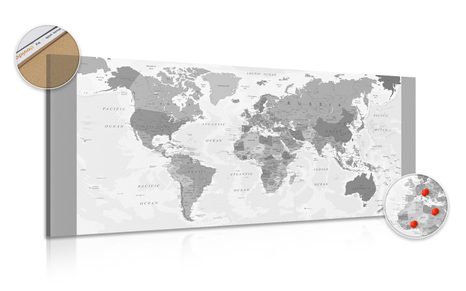 DECORATIVE PINBOARD DETAILED MAP OF THE WORLD IN BLACK AND WHITE - PICTURES ON CORK - PICTURES