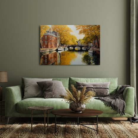 OBRAZ PODZIMNÍ KANÁL U MOSTU - BAREVNÉ DOMY - OBRAZY