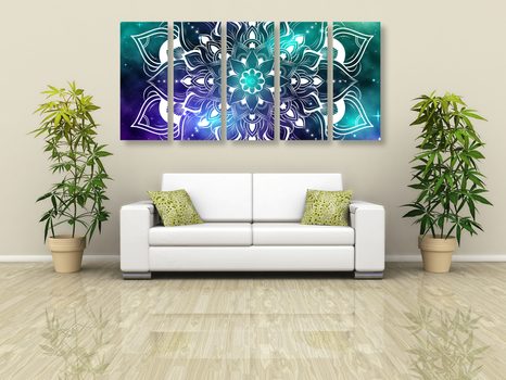 5-DÍLNÝ OBRAZ MODERNÍ MANDALA S ORIENTÁLNÍM VZOREM - OBRAZY FENG SHUI - OBRAZY
