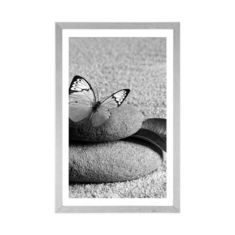 POSTER – FARFALLA SU PIETRA ZEN IN BIANCO E NERO - NERO E BIANCO - POSTER