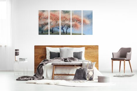 5-DÍLNÝ OBRAZ AKVARELOVÉ KVETOUCÍ STROMY - OBRAZY PŘÍRODY A KRAJINY - OBRAZY