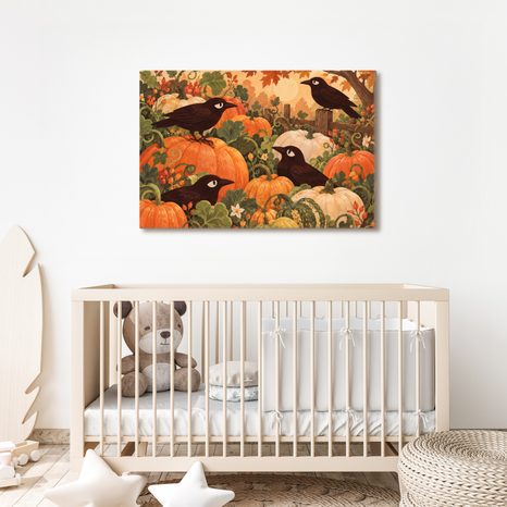 WANDBILD RABEN ZWISCHEN HERBSTLICHEN KÜRBISSEN - HALLOWEEN- UND HORROR-BILDER - BILDER
