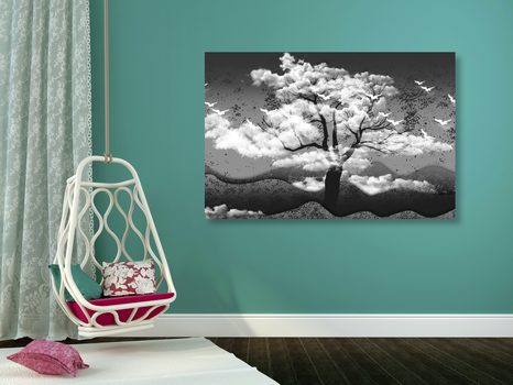 SLIKA ČRNOBELO DREVO OBKROŽENO Z OBLAKI - ČRNOBELE SLIKE - SLIKE