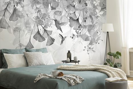 SELBSTKLEBENDE TAPETE BLÄTTER MIT KOLIBRIS IN SCHWARZ-WEISS - SELBSTKLEBENDE TAPETEN - TAPETEN