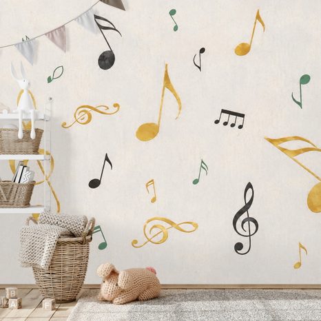 TAPETE MUSIKNOTEN IN GOLD UND SCHWARZ - MUSIK FOTOTAPETEN - TAPETEN