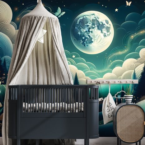 SELBSTKLEBENDE TAPETE NÄCHTLICHE MÄRCHENLANDSCHAFT MIT FLIEGENDEN SCHMETTERLINGEN - UNIVERSUM- UND STERNE-TAPETEN - TAPETEN