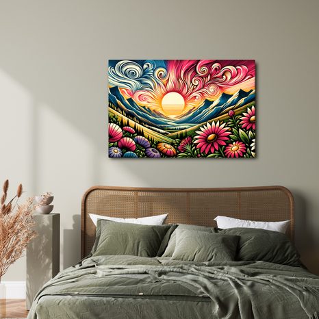 WANDBILD STRAHLENDE LANDSCHAFT MIT BLUMEN UND SONNE - WANDBILDER FELDER UND WIESEN - BILDER