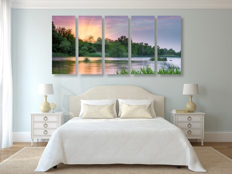 TABLOU 5-PIESE RĂSĂRIT DE SOARE LÂNGĂ RÂU - TABLOU NATURĂ ȘI PEISAJE NATURALE - TABLOURI