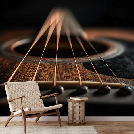 TAPETE DETAIL EINER AKUSTISCHEN GITARRE IN DUNKLEM TON - MUSIK FOTOTAPETEN - TAPETEN