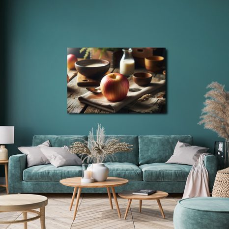 WANDBILD APFEL AUF HOLZTISCH - BILDER VON ESSEN UND GETRÄNKEN - BILDER