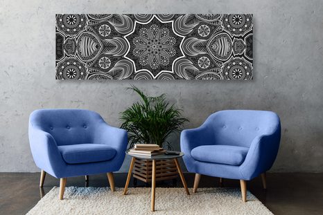 OBRAZ INDICKÁ MANDALA S KVĚTINOVÝM VZOREM V ČERNOBÍLÉM PROVEDENÍ - ČERNOBÍLÉ OBRAZY - OBRAZY