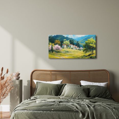 OBRAZ ROZKVETLÉ STROMY A HORY - BAREVNÉ DOMY - OBRAZY