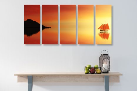 5-TEILIGES WANDBILD ORANGES SEGELSCHIFF - BILDER VON NATUR UND LANDSCHAFT - BILDER