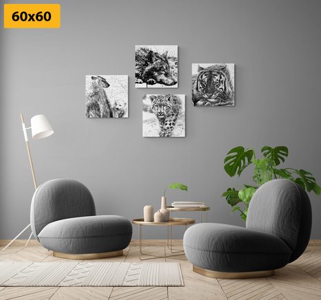 SET OBRAZŮ ZVÍŘATA V ČERNOBÍLÉM AKVARELOVÉM PROVEDENÍ - SESTAVY OBRAZŮ - OBRAZY